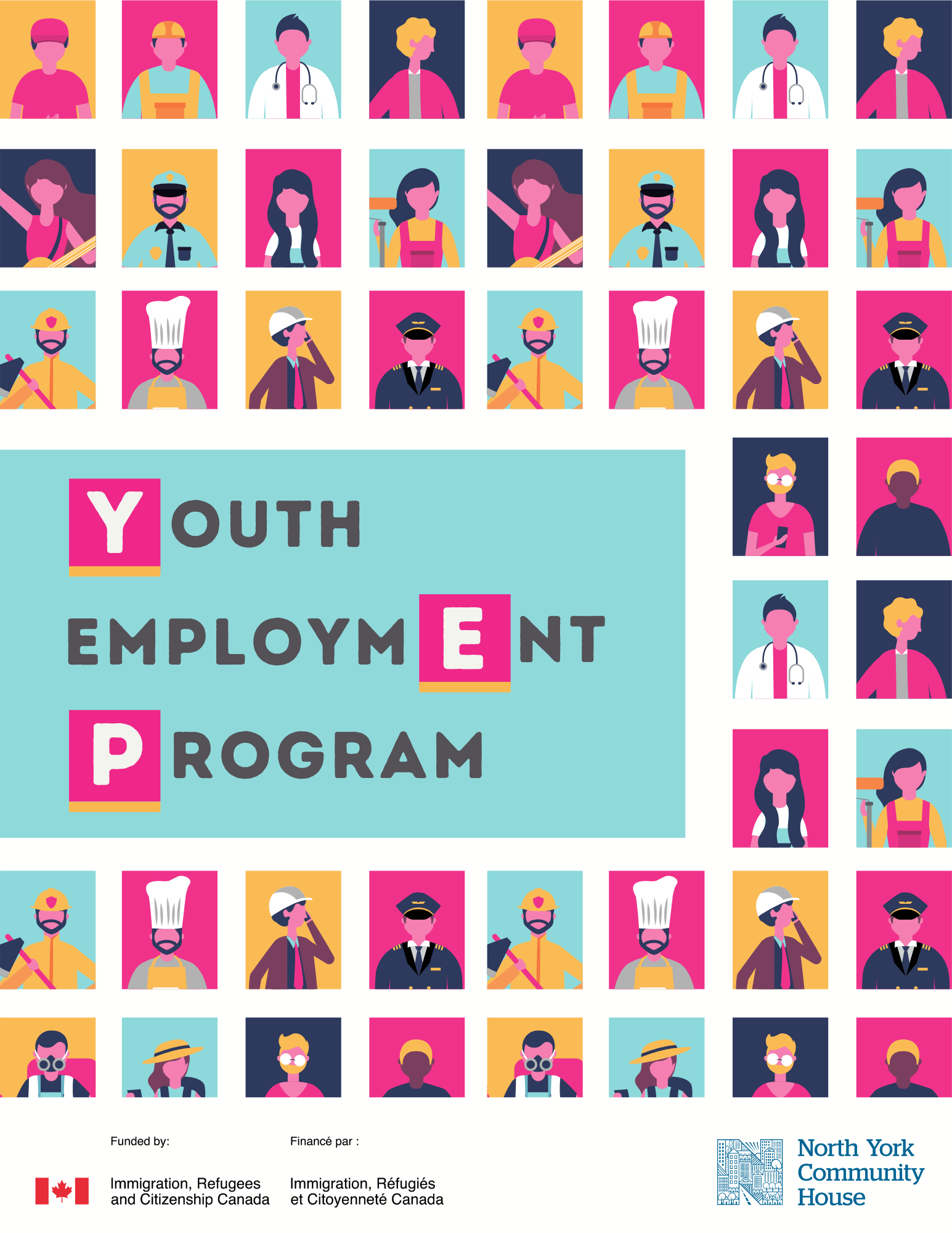 Poster for the Youth Employment Program featuring diverse cartoon figures in various professions.