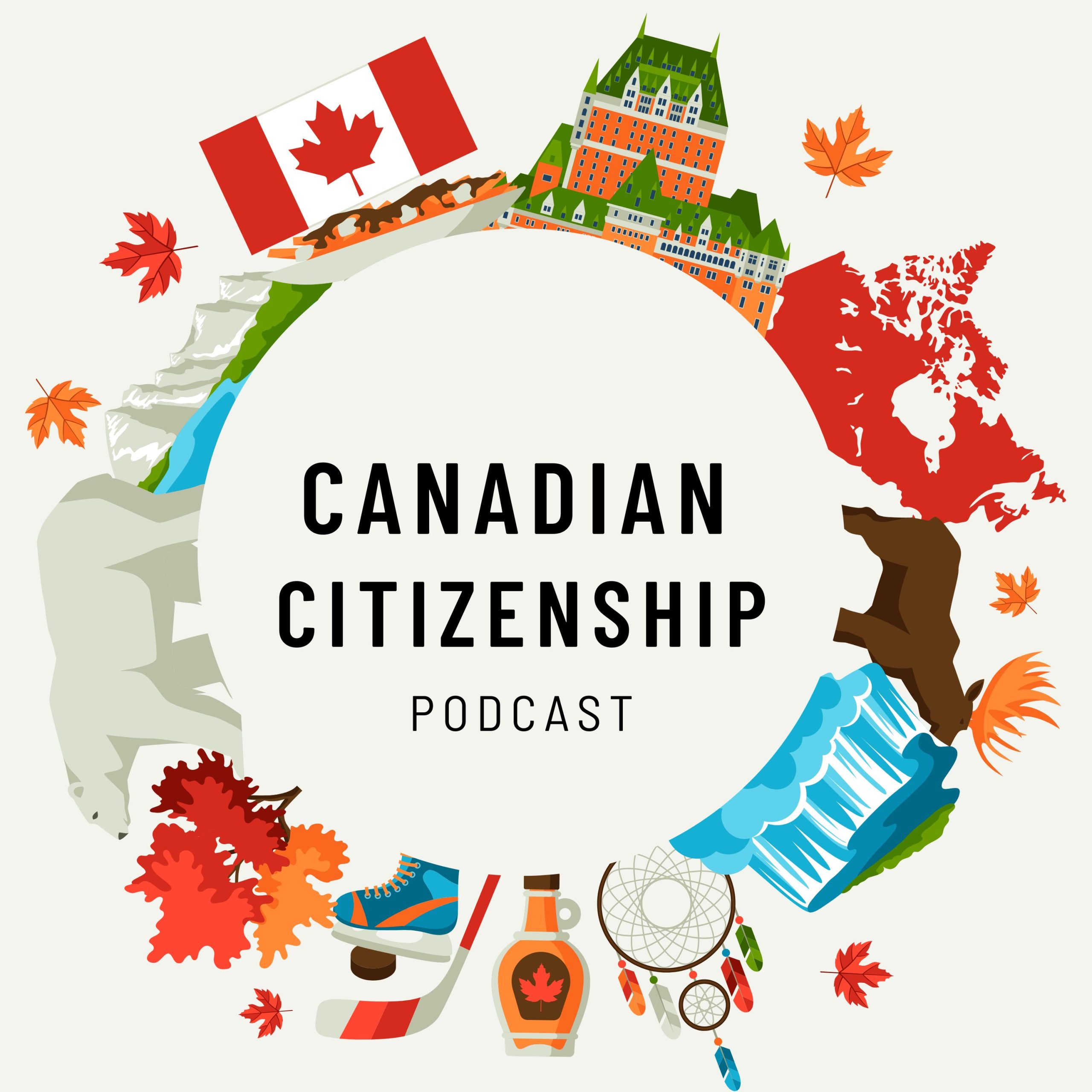 A circle with symbols of Canada around it like maple leaves, polar bears, maple syrup, hockey sticks, dream catchers, the Canadian flag, skates etc.. The text in the centre reads Candian Citizenship Porcast.