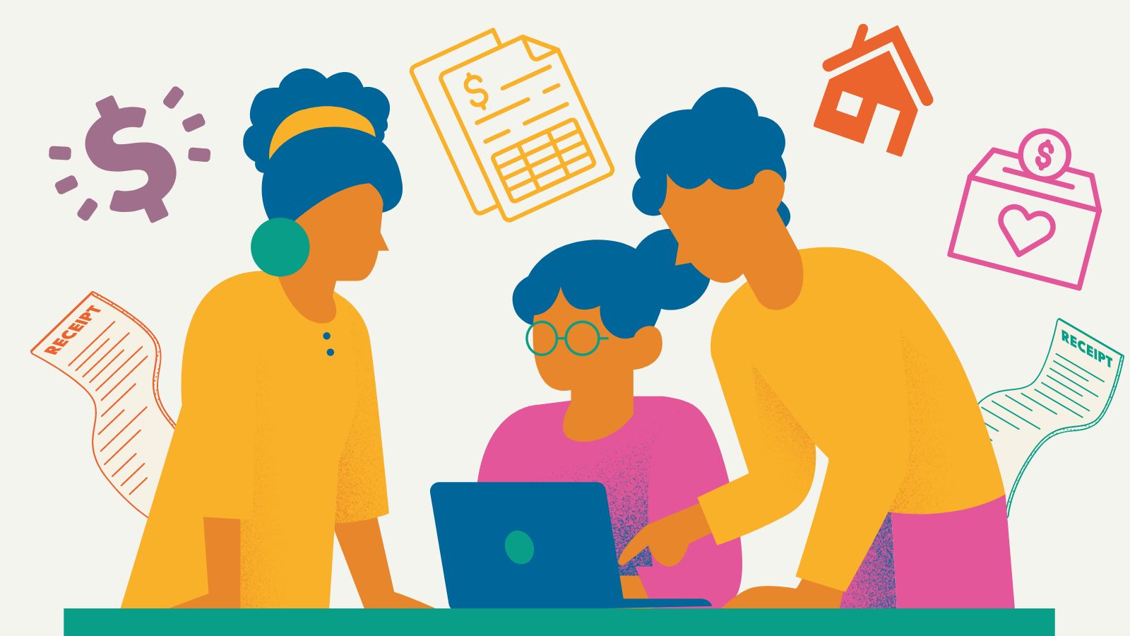 An illustration of three people looking at a laptop, with images against the background representing finances and money.