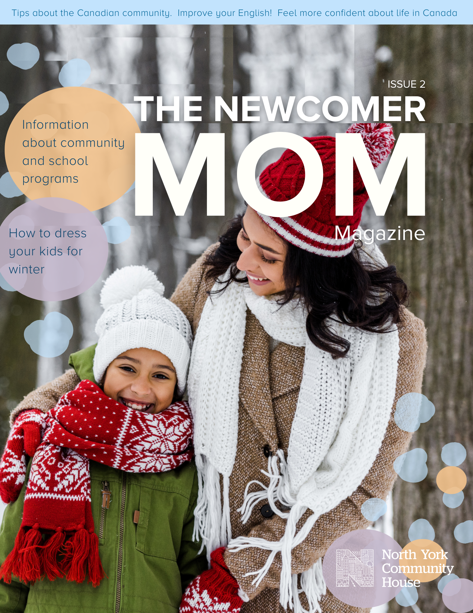 Magazine Cover. A mom and daughter walking. Both have winter hats and scarves .