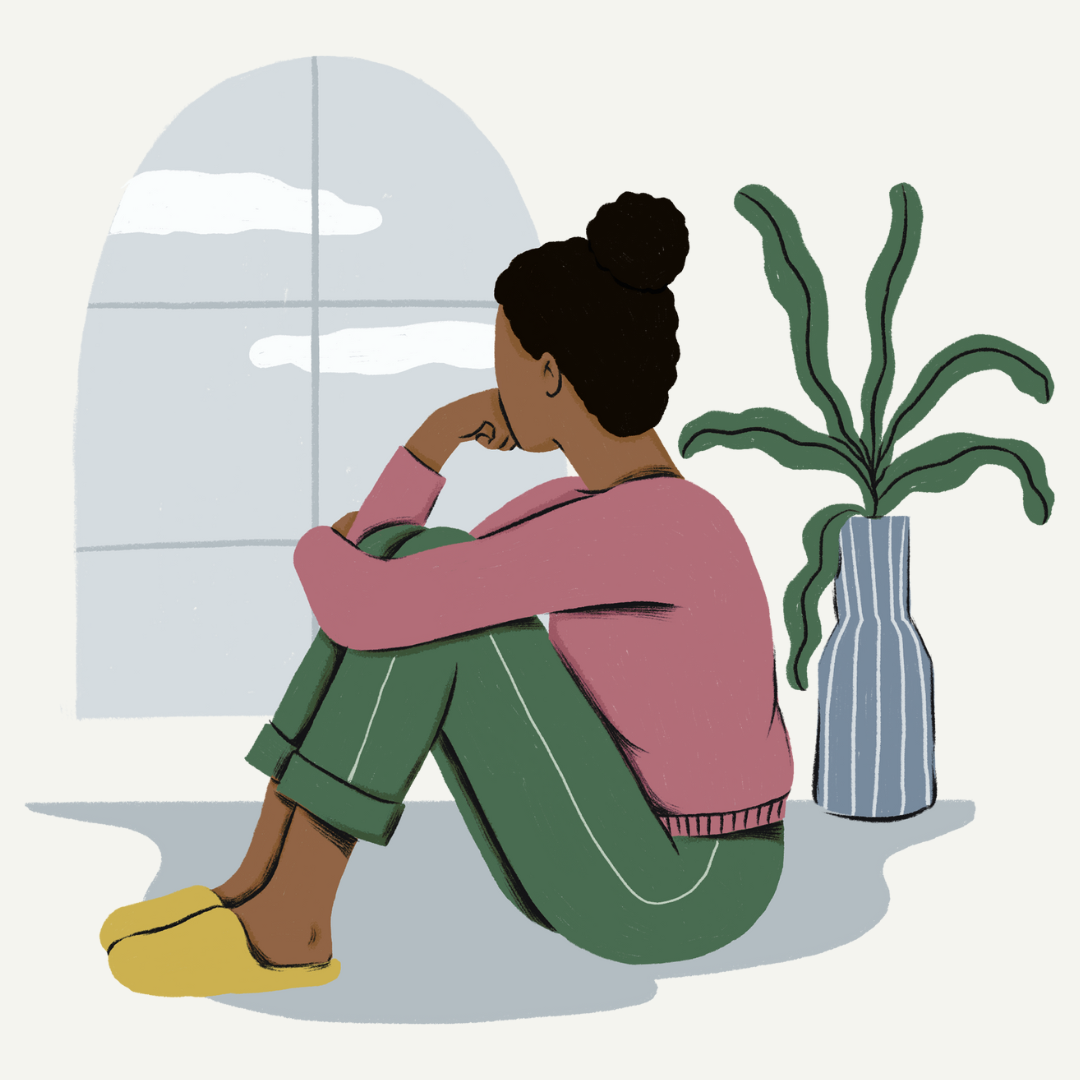 Illustrations of a woman sitting on the floor and looking out of the window. There is a plant beside her.
