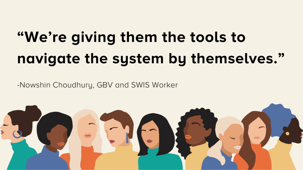 A digital graphic with a row of women's busts below the text, "We're giving them the tools to navigate the system by themselves". The quote is by Nowshin Choudhury, GBV and SWIS Worker.