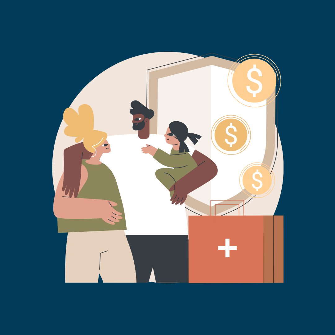 Illustration of a family of three standing together surrounded money and a shield, representing wealth and financial security.