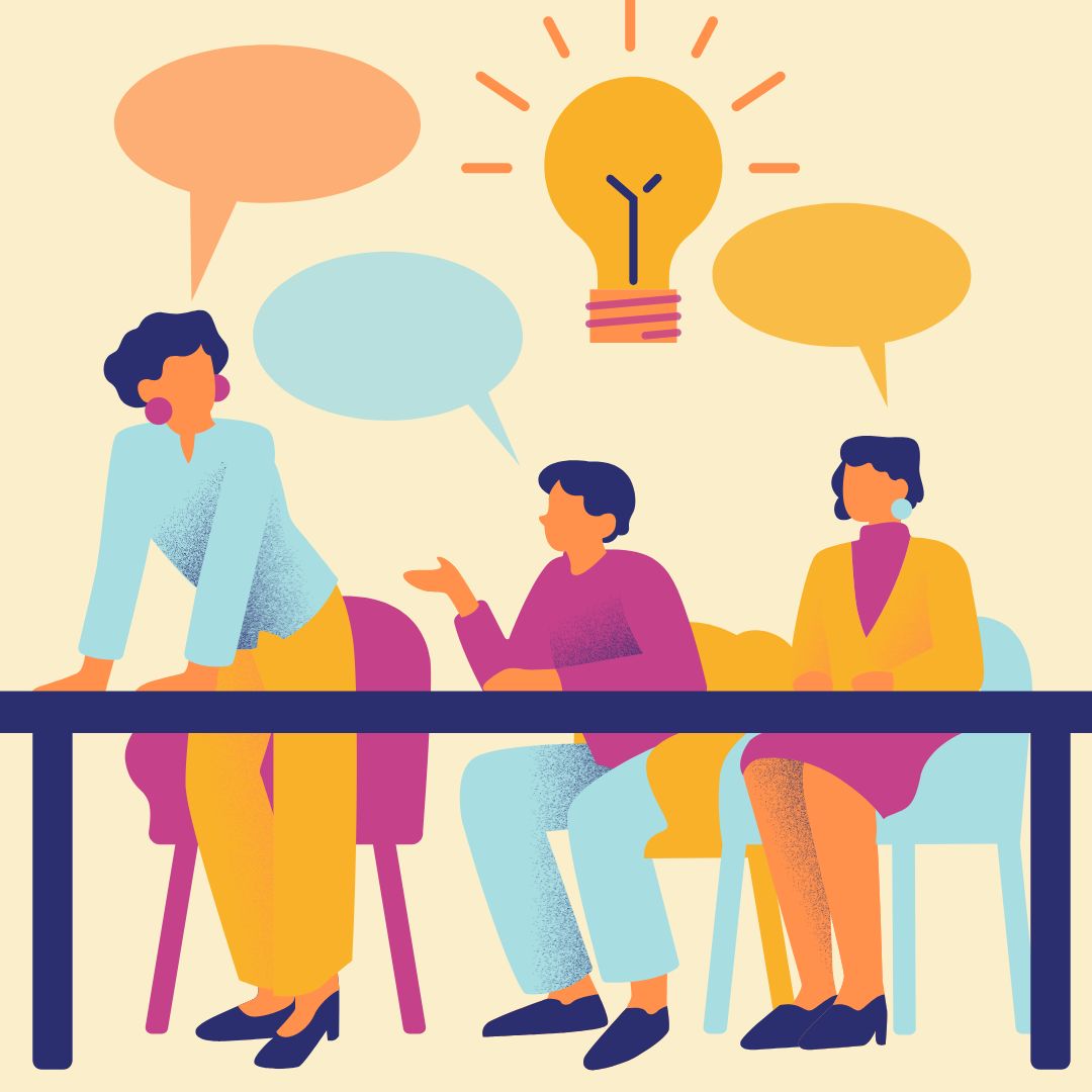 an illustrated graphic of a group of people sitting at a table with speech bubbles above them