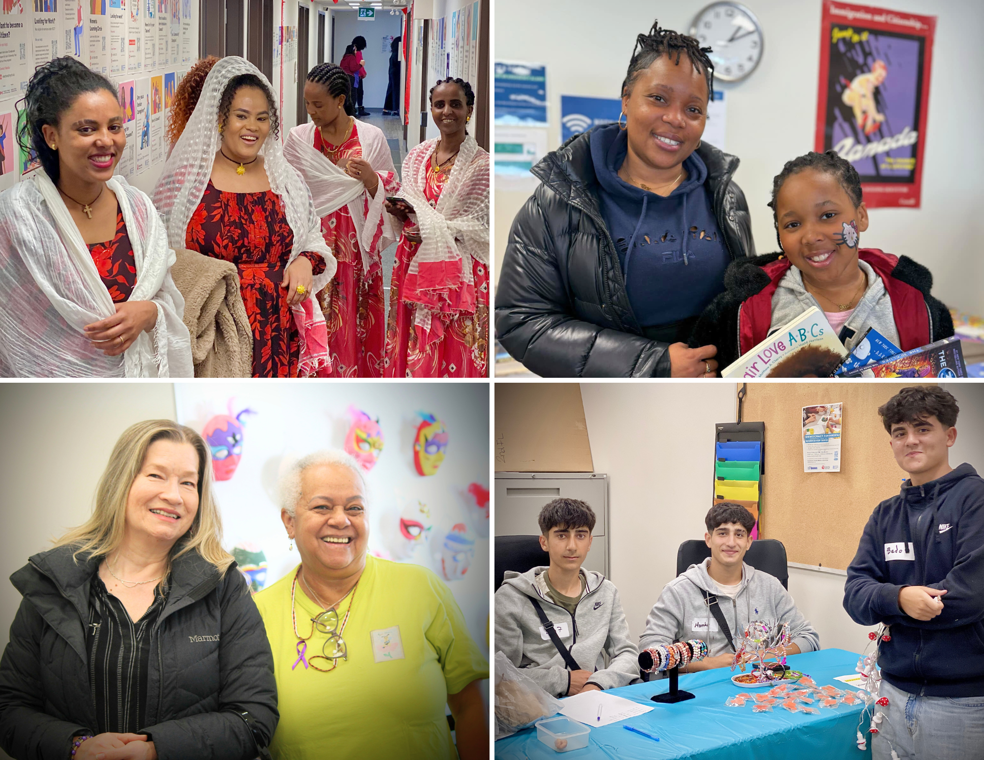 A collage of four pictures. Women, children, seniors and youth smile.