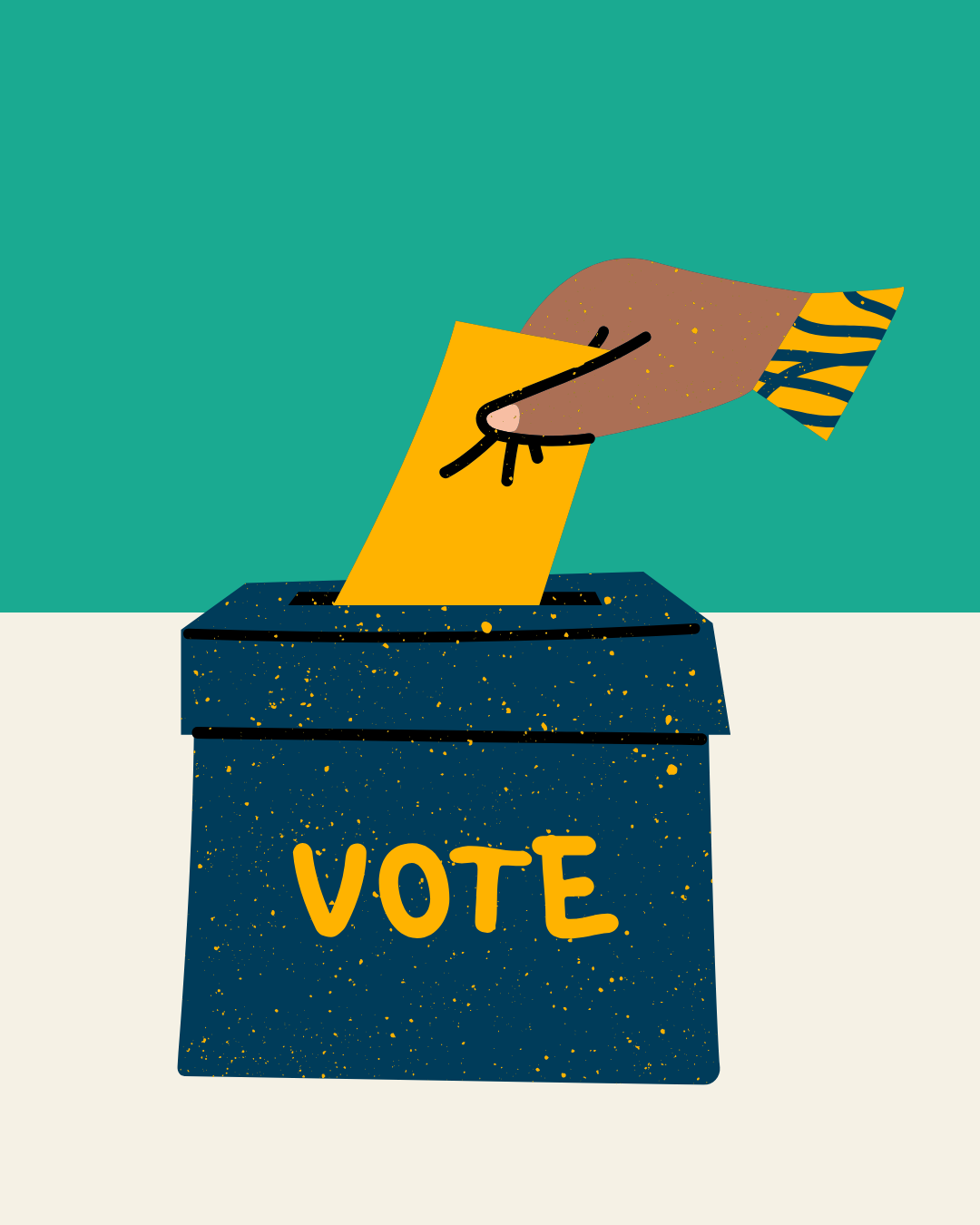 A hand places a yellow ballot into a blue ballot box with "VOTE" written on it.