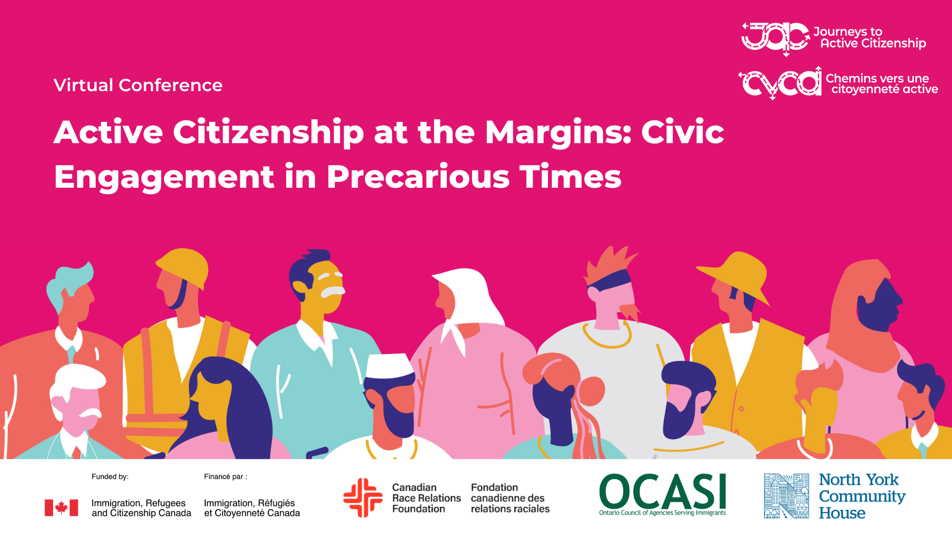 Virtual conference banner with illustrated diverse group and title "Active Citizenship at the Margins: Civic Engagement in Precarious Times."