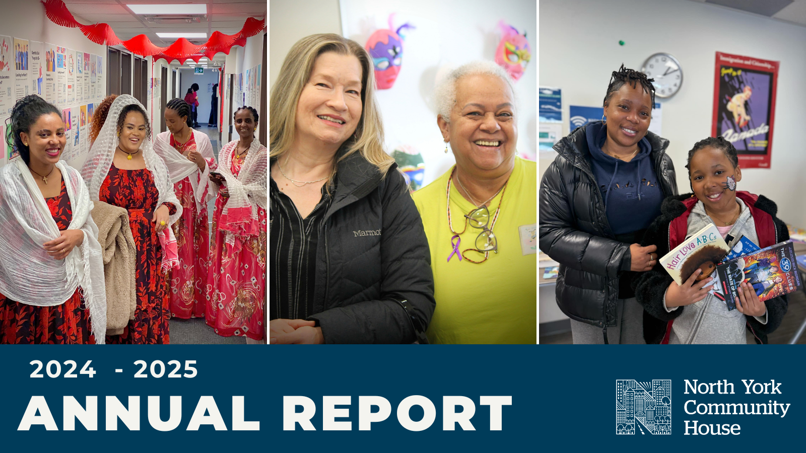 A collage of three pictures. Women and children smiling. Text reads. 2024 - 2025 Annual Report. 