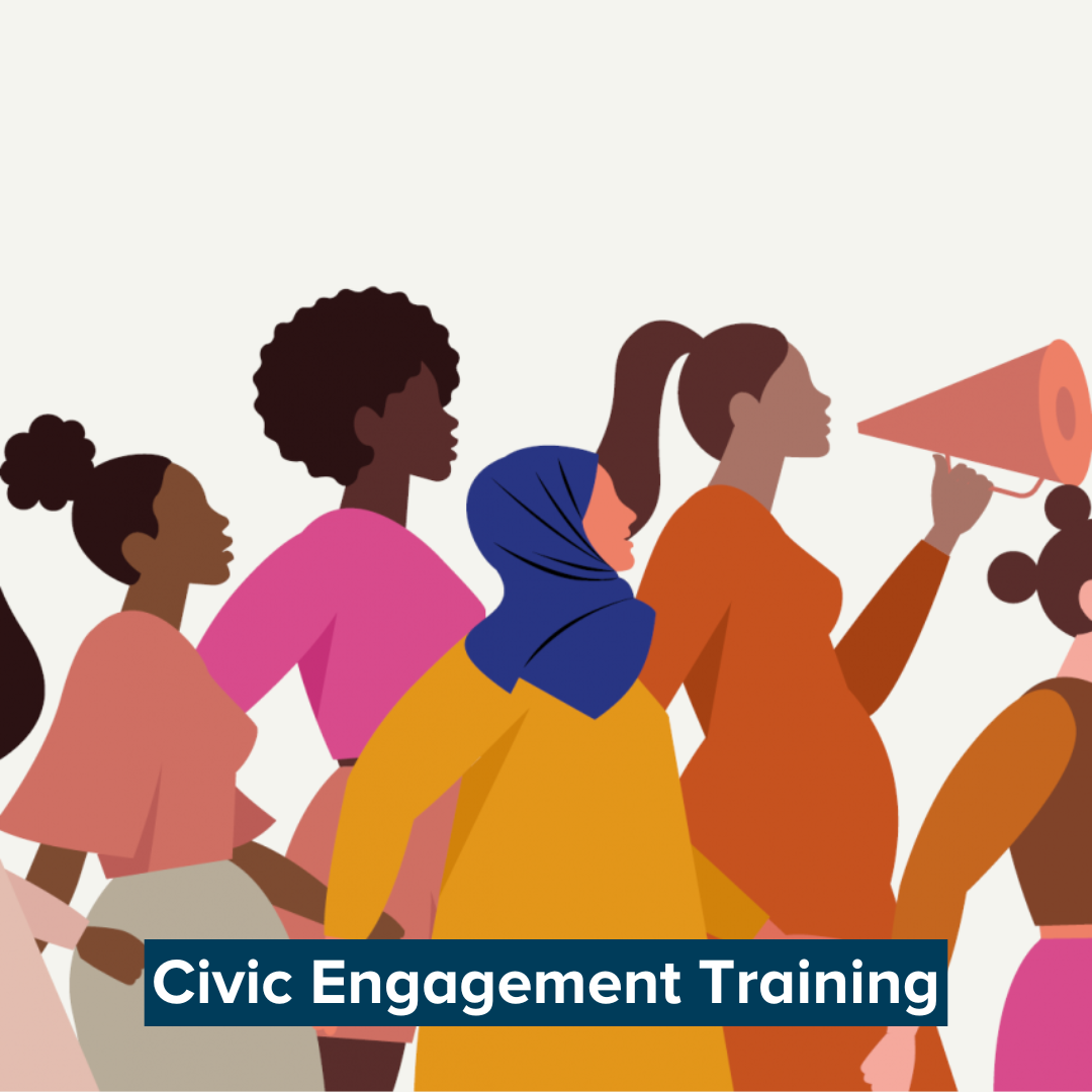 Illustration of diverse women in profile, one holding a megaphone.