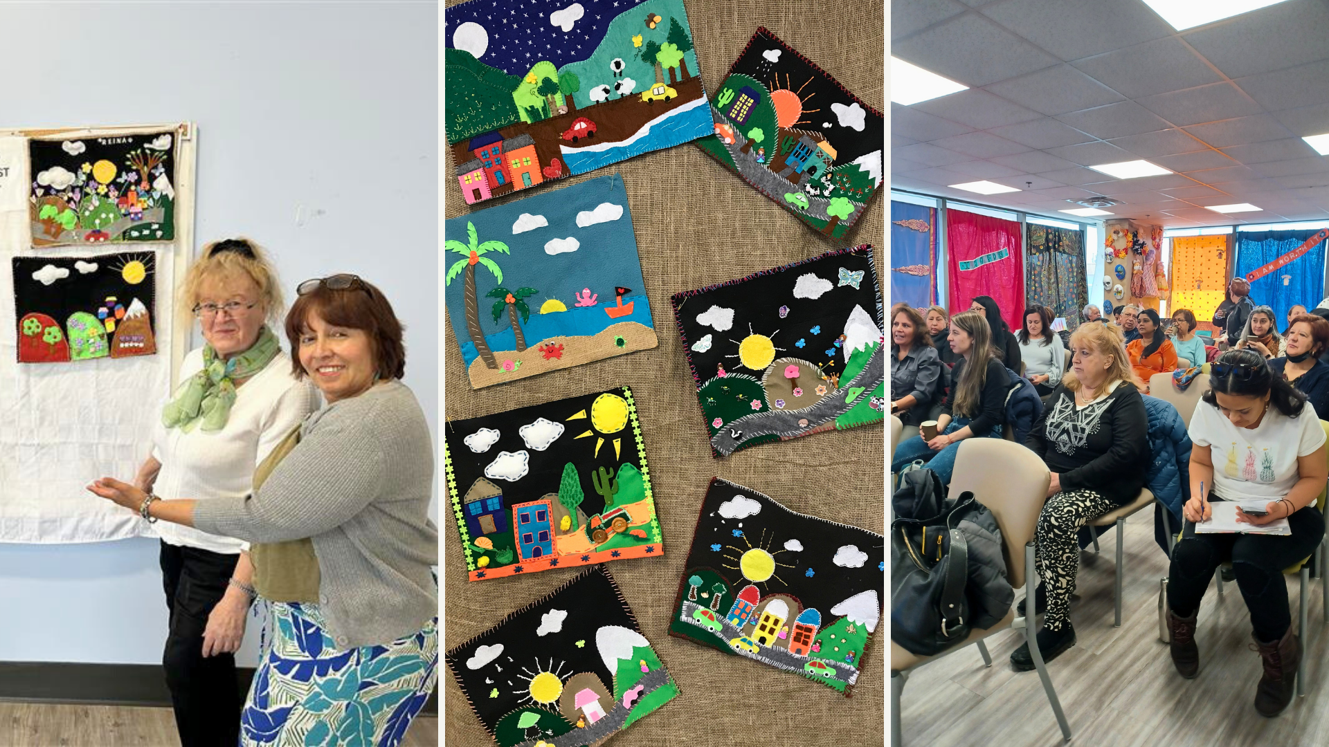 Three-panel image: women with quilt art, various colorful fabric landscapes, and an audience in a room.