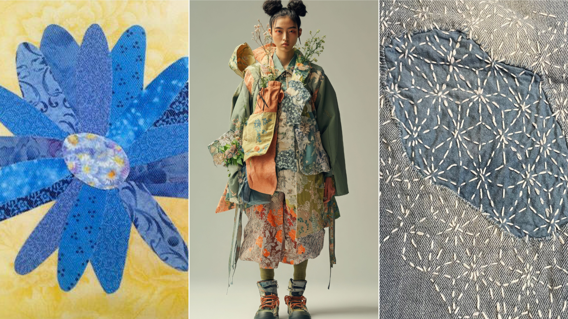 A triptych featuring a blue floral design, a person in a layered, floral outfit, and denim fabric with geometric stitching.