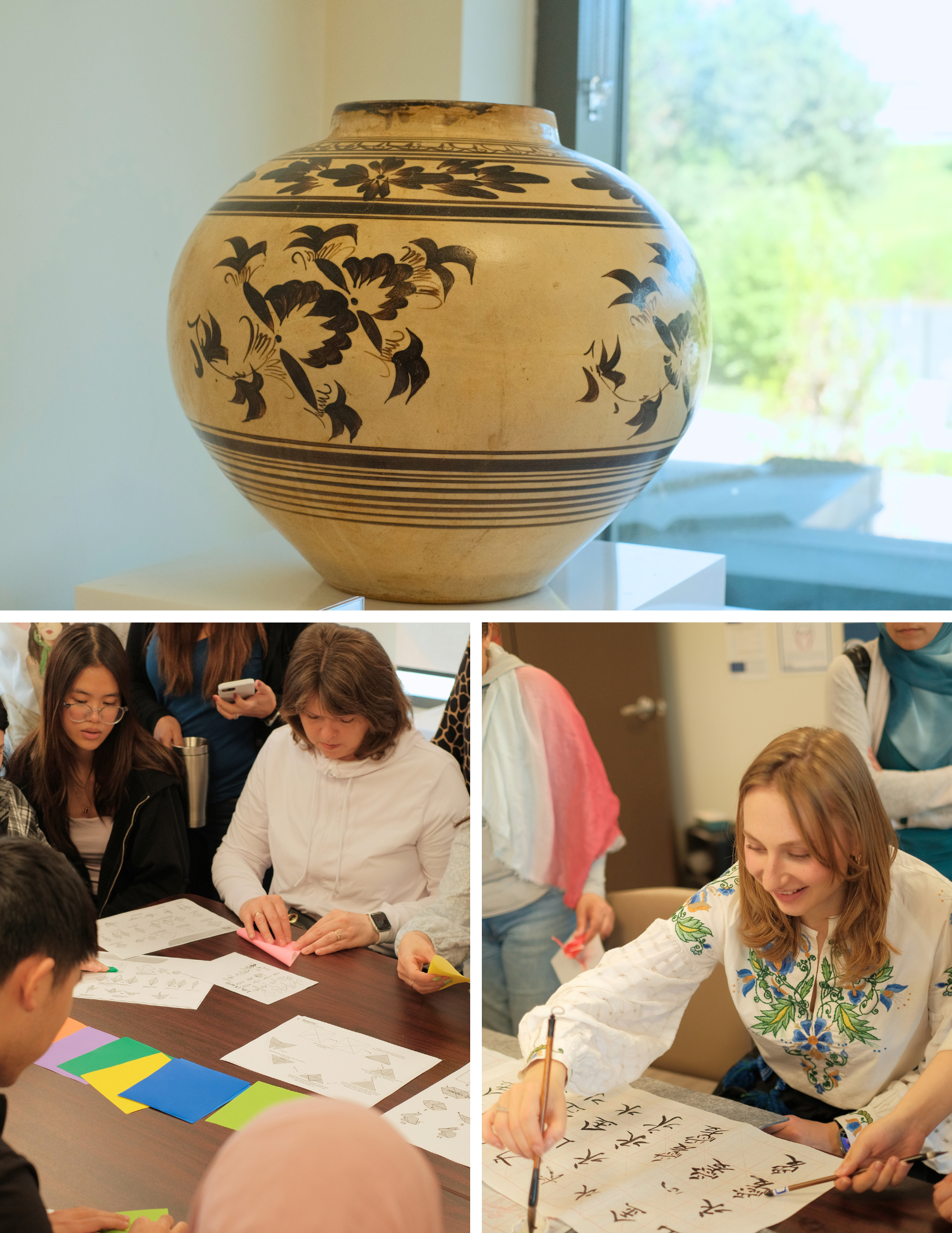 A person wearing a white embroidered shirt practices calligraphy on a long scroll of paper, a picture of a decorative pot, a group of people fold paper as they learn to make origami.