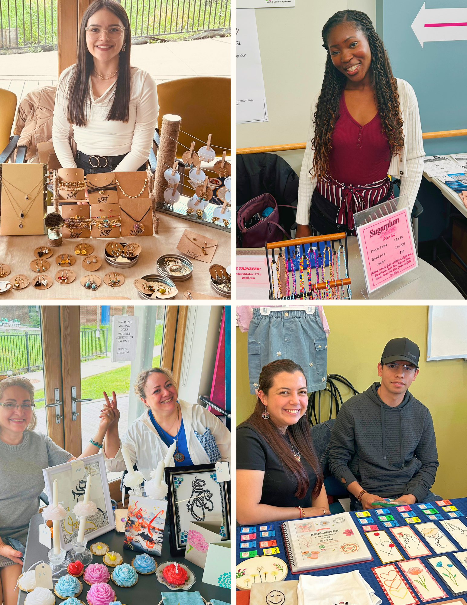 A collage of smiling people behind tables selling handmade arts and crafts.