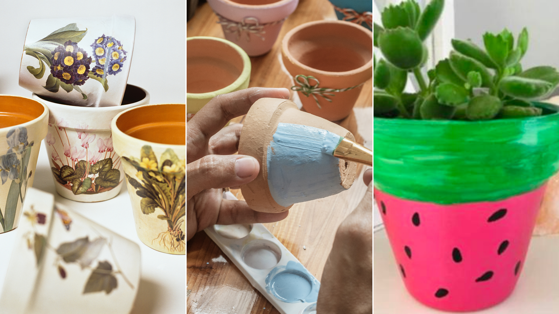 A collage of three parts: ceramic pots with floral designs, a hand painting a terracotta pot, and a pot painted like a watermelon with a succulent inside.