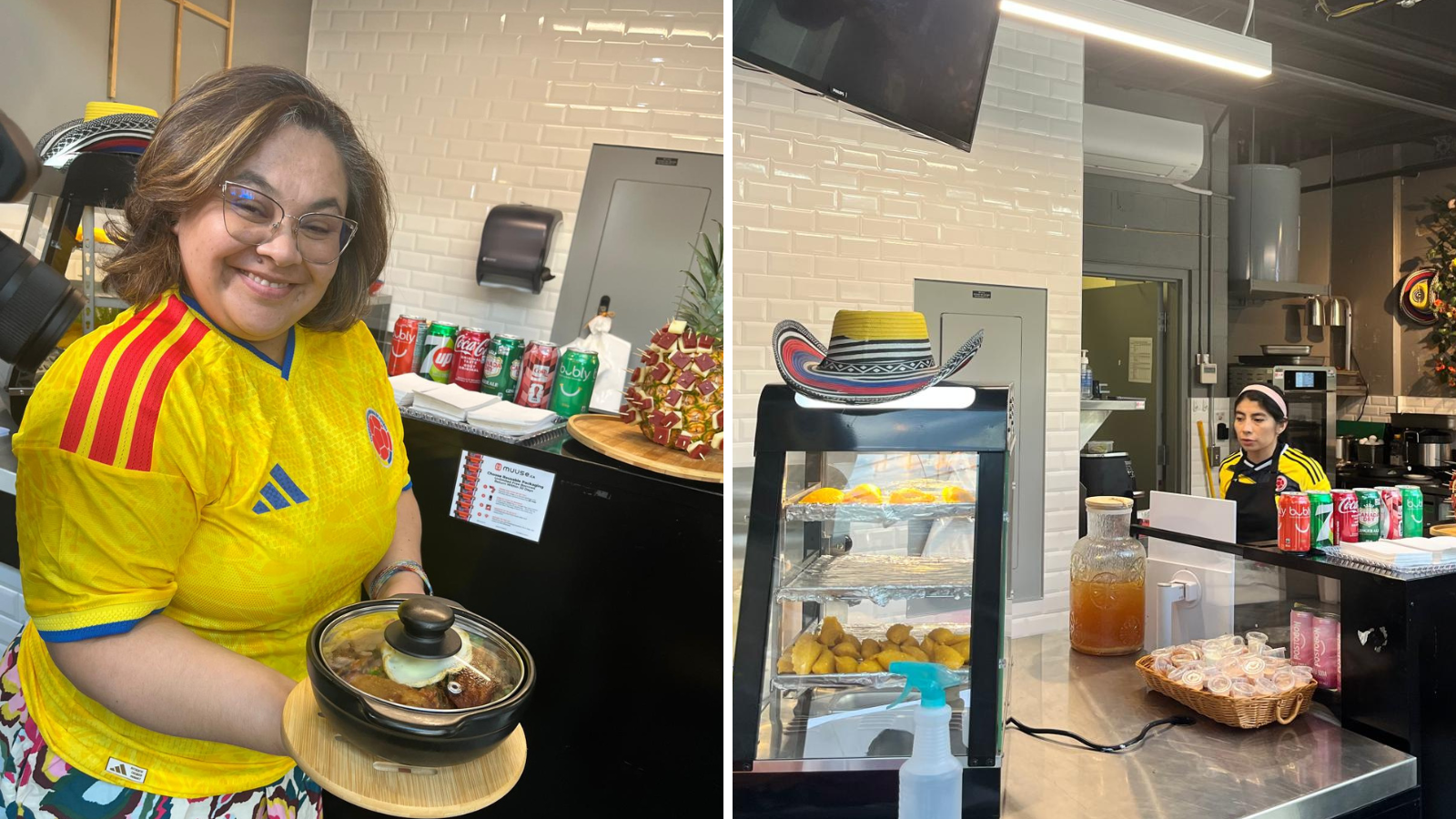 A woman holds a dish of food and smiles at the camera. A shot of the counter at Tipicos Colombia.