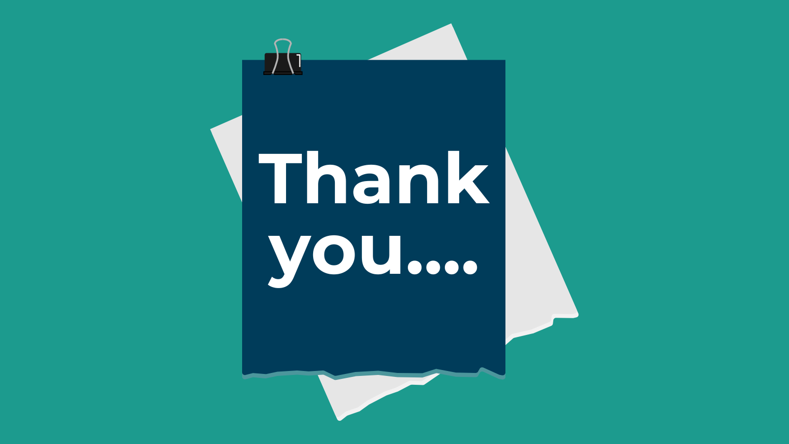 Dark blue paper with "Thank you...." in white letters, clipped at the top, against a teal background.