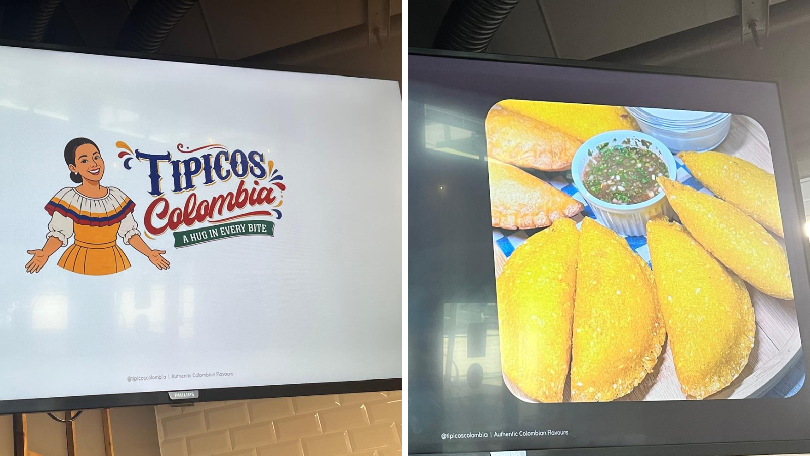 The Tipicos Columbia Logo and a picture of empanadas.
