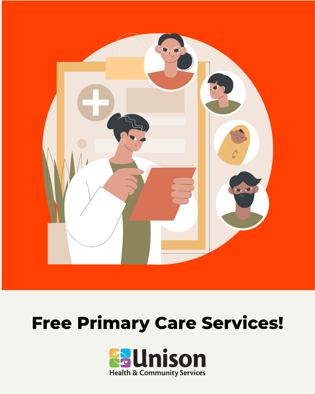 Illustration of a female healthcare professional in a white coat reviewing a clipboard, surrounded by diverse individual portraits, with the tagline "Free Primary Care Services!" and the Unison Health & Community Services logo.