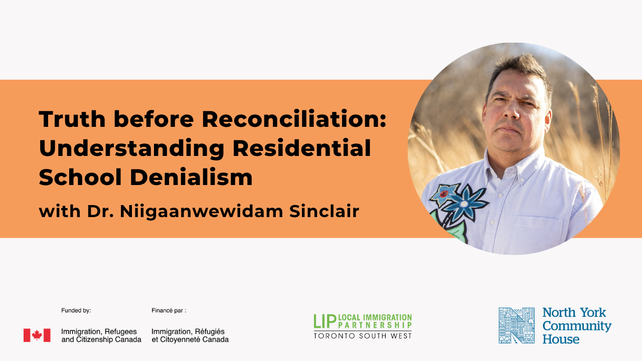 Video banner titled “Truth before Reconciliation: Understanding Residential School Denialism,” featuring Dr. Niigaanwewidam Sinclair and partner logos.