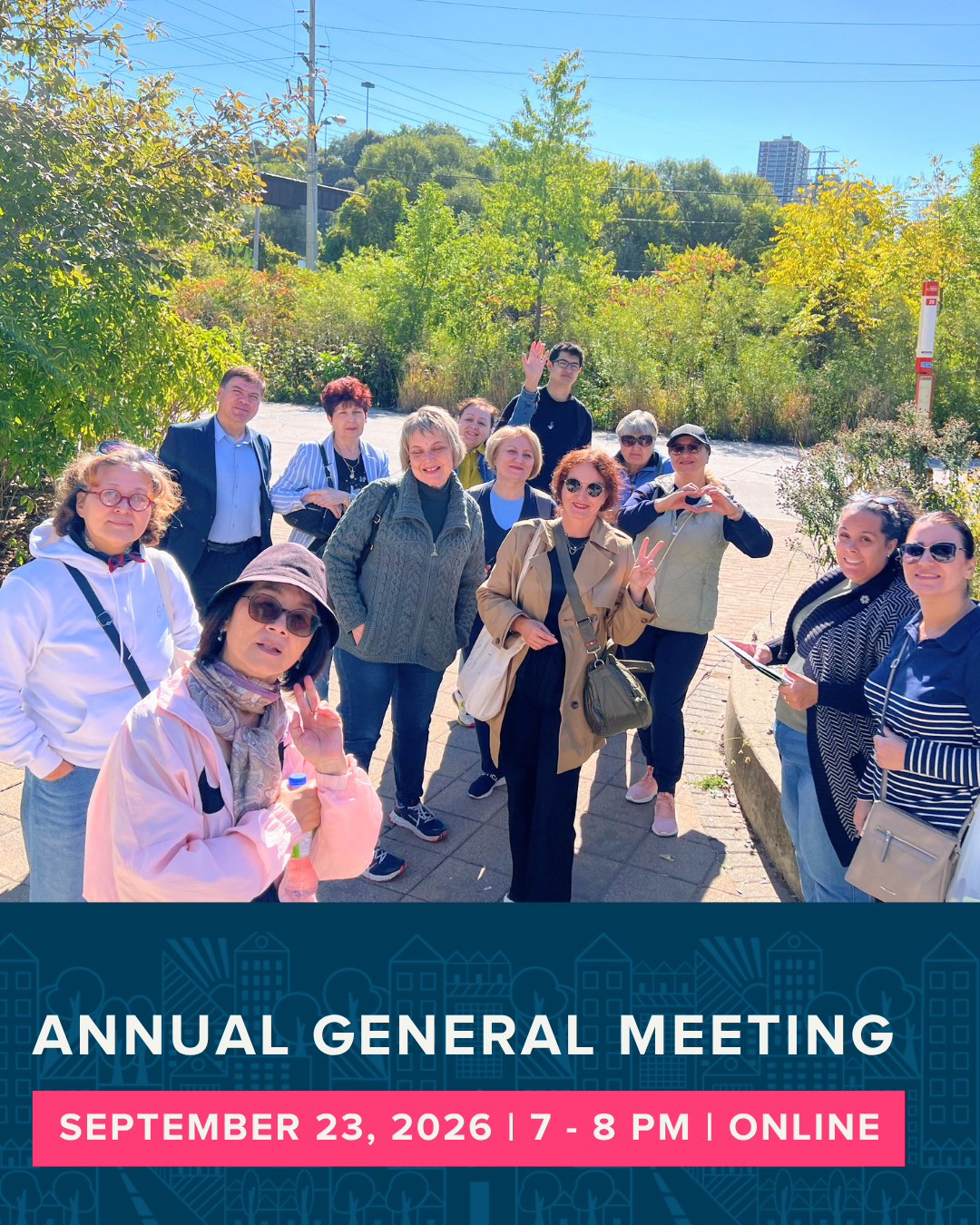 A group of people at a park. Text reads Annual General Meeting. September 23 2026. 7 - 9 PM