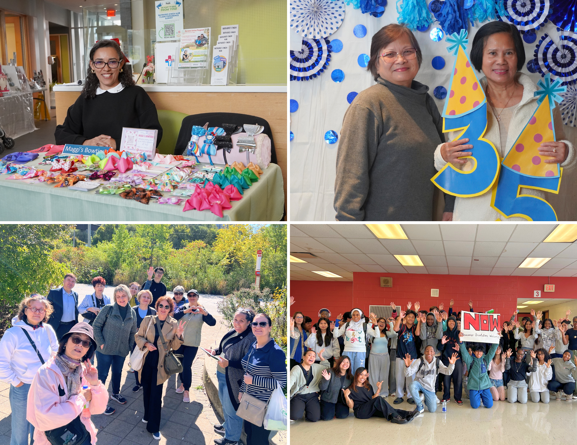 A collage of four pictures of community members at events, on field trips, and school.