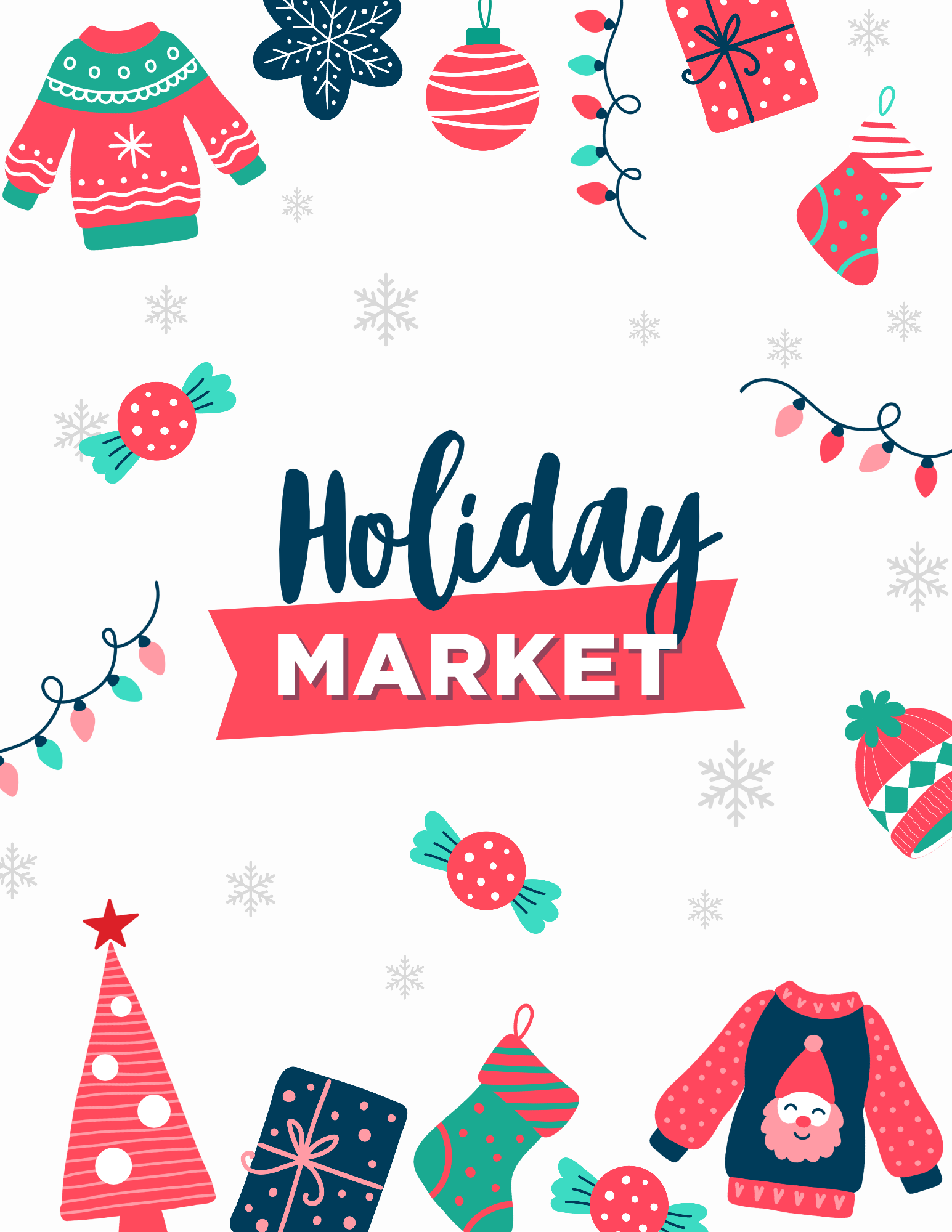 Illustrations of holiday ornaments, sweaters, sweets, and presents. Text reads Holiday Market.